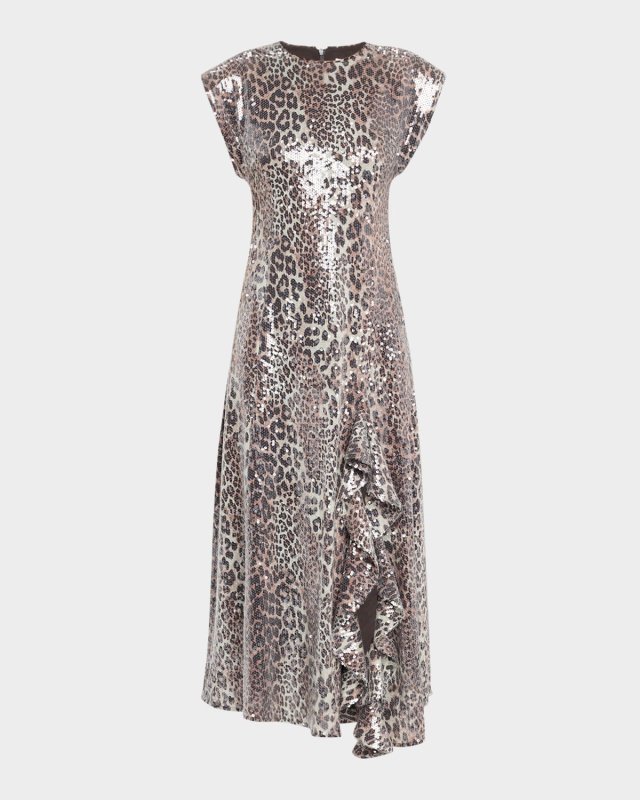 Leopard Sequined Slit Midi Dress